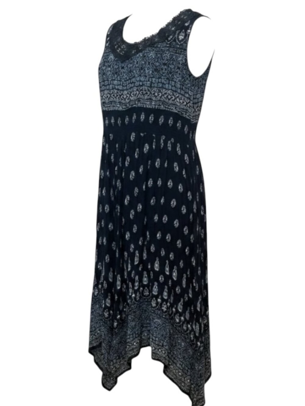 Bila Boho Maxi Dress XXL Navy Blue Paisley Print Rayon Handkerchief Hem Smocked